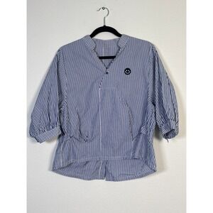 Unbranded Blue White Striped Smiley Face Patch Puff Sleeve V-Neck Blouse Top